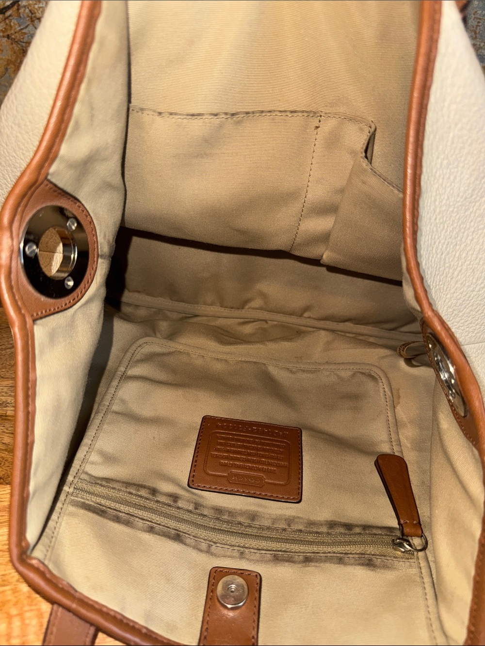 Cream and Brown Coach Pebble Leather Tote Bag - Classic Women's Handbag - Picture 13 of 15